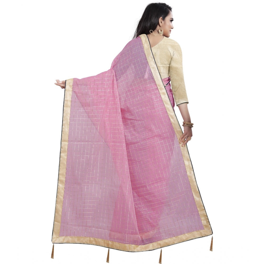 Women's Cotton Silk Checkered Saree With Unstitched Blouse 5.5Mtr (Multicolor)