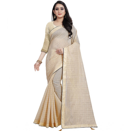 Women's Cotton Silk Checkered Saree With Unstitched Blouse 5.5Mtr (Cream)