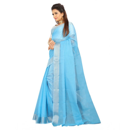 Women's Cotton Silk Self Design Saree With Unstitched Blouse 5.5Mtr (Light Blue)