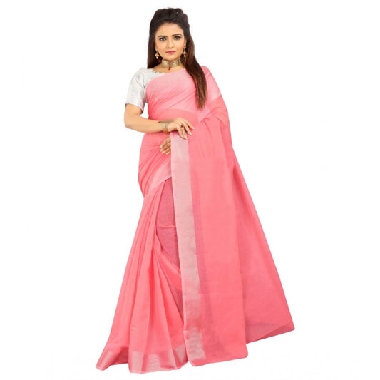 Women's Cotton Silk Self Design Saree With Unstitched Blouse 5.5Mtr (Pink)