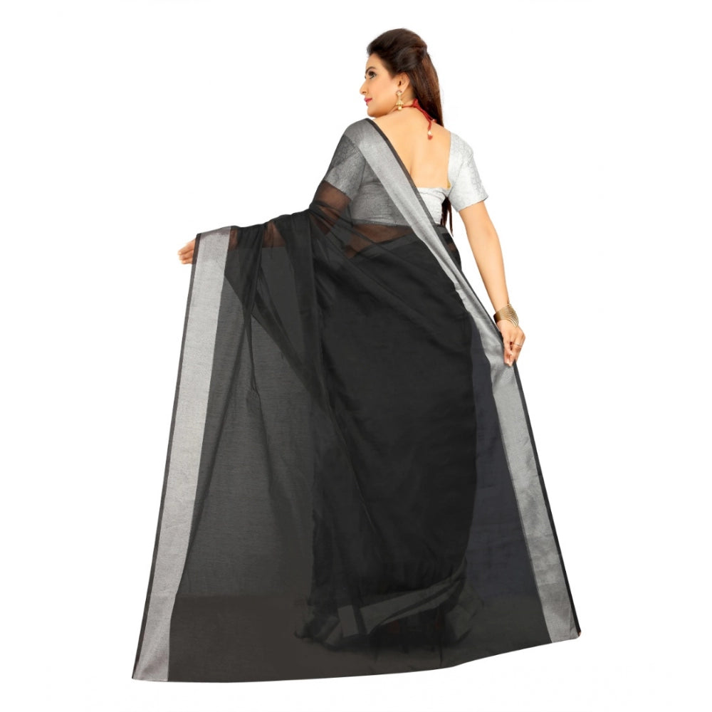 Women's Cotton Silk Self Design Saree With Unstitched Blouse 5.5Mtr (Black)