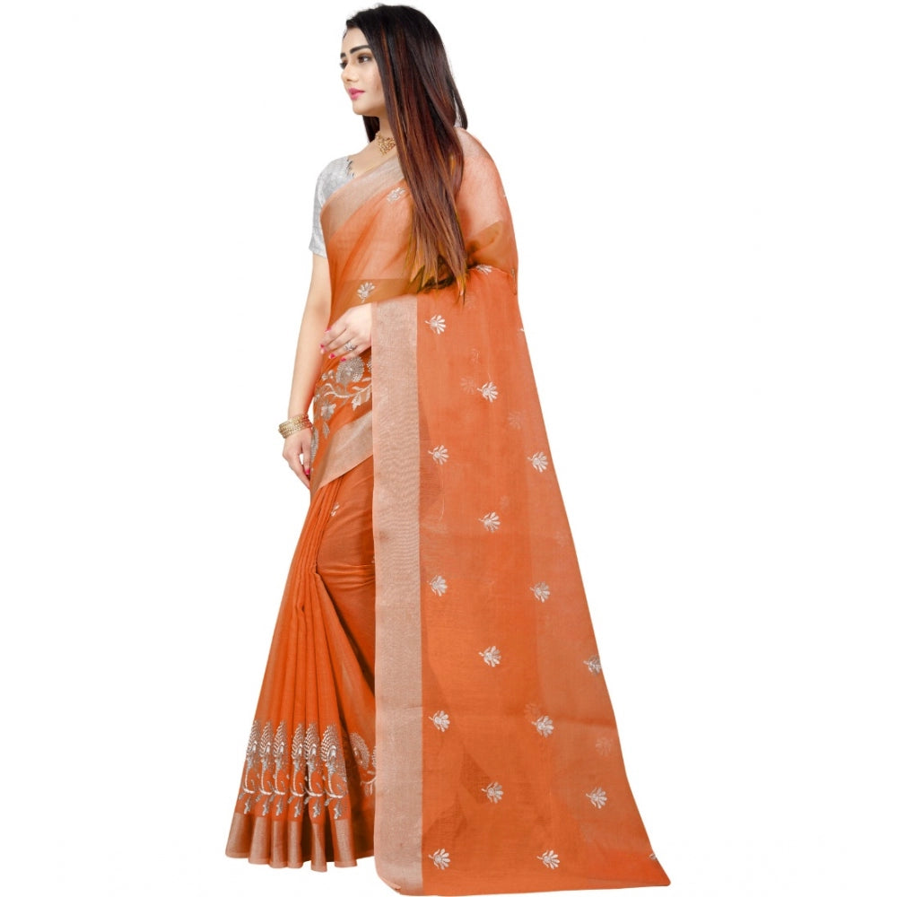 Women's Cotton Silk Embroidered Saree With Unstitched Blouse 5.5Mtr (Orange)