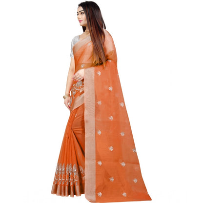 Women's Cotton Silk Embroidered Saree With Unstitched Blouse 5.5Mtr (Orange)