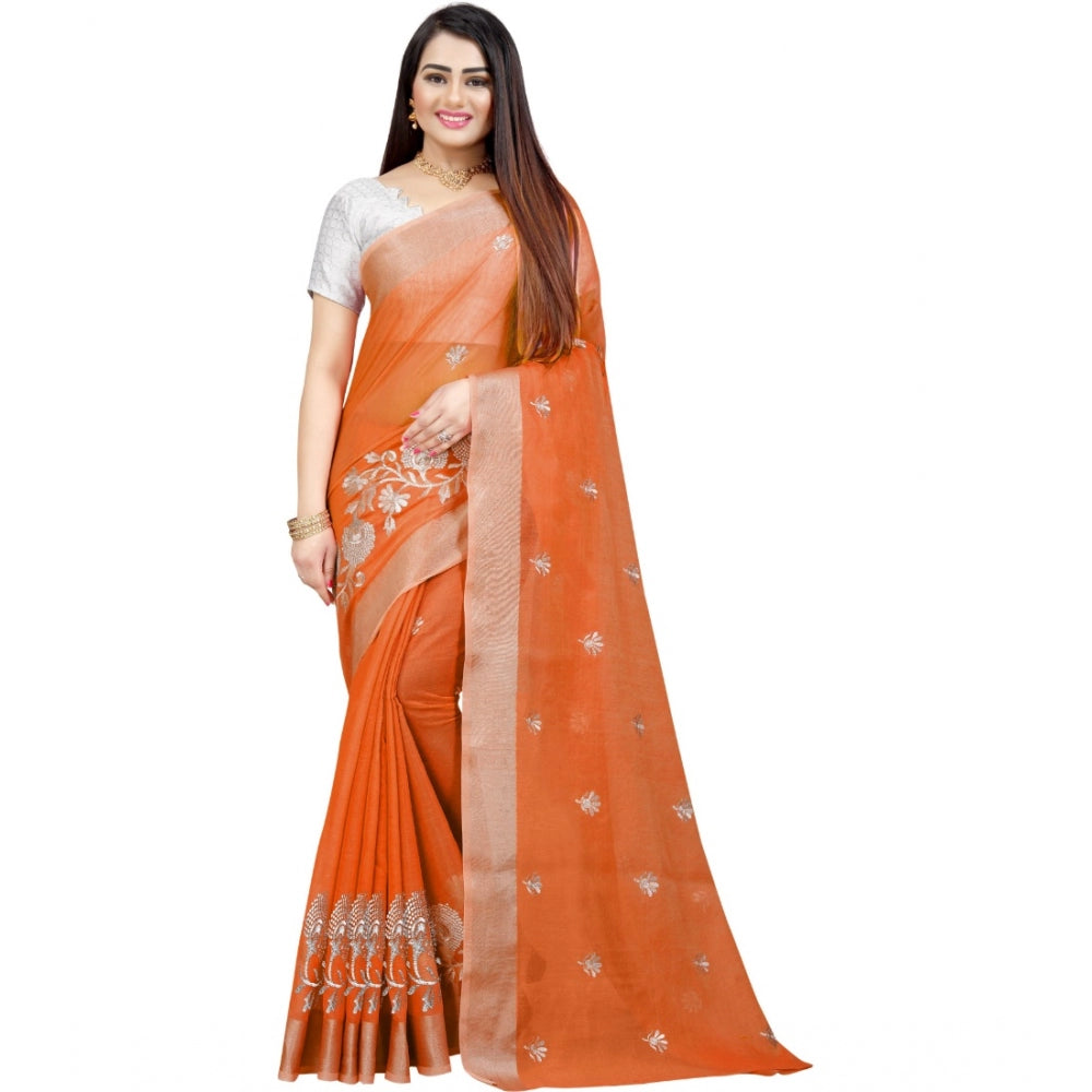 Women's Cotton Silk Embroidered Saree With Unstitched Blouse 5.5Mtr (Orange)