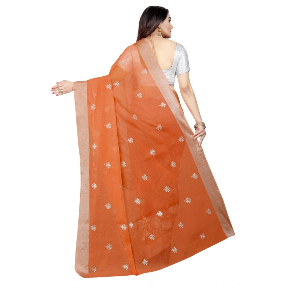 Women's Cotton Silk Embroidered Saree With Unstitched Blouse 5.5Mtr (Orange)