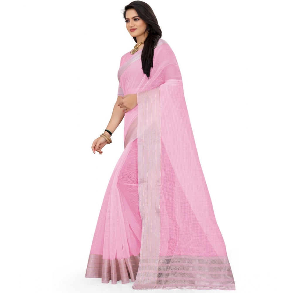 Women's Cotton Jute Self Design Saree With Unstitched Blouse 5.5Mtr (Pink)