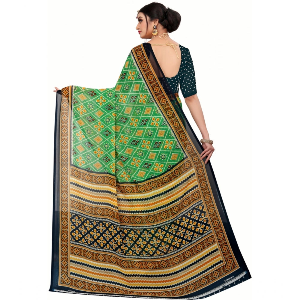 Women's Georgette Floral Print Saree With Unstitched Blouse 5.5Mtr (Light Green)