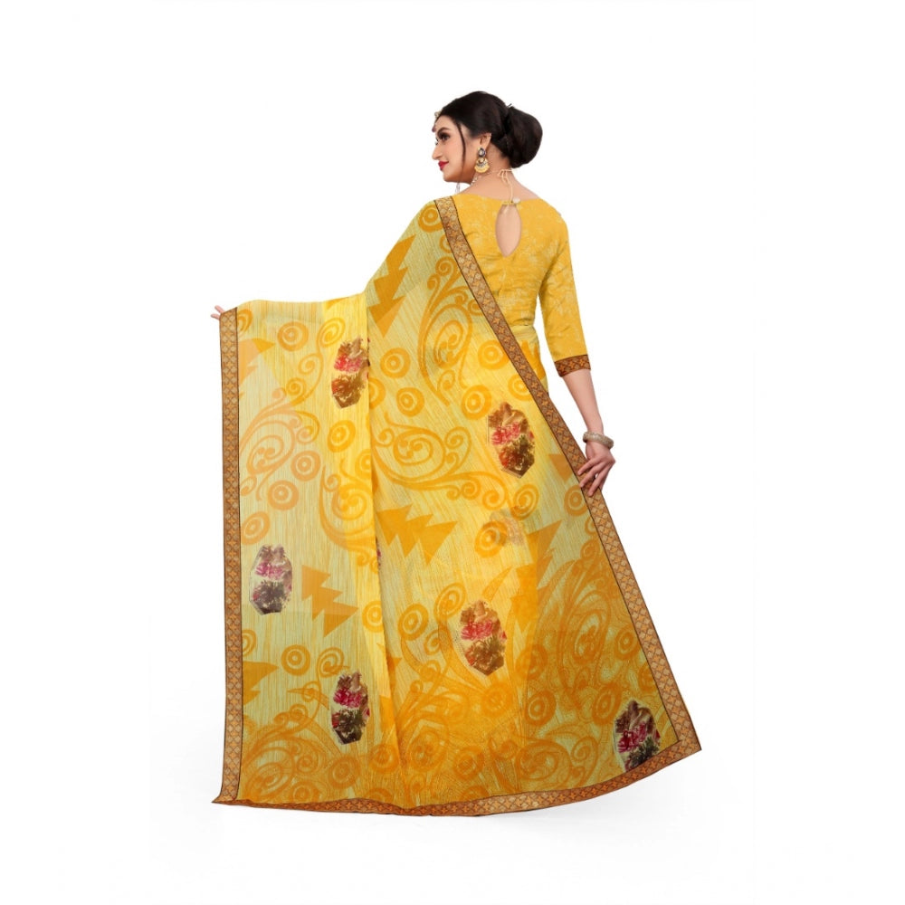 Women's Georgette Floral Print Saree With Unstitched Blouse 5.5Mtr (Yellow)