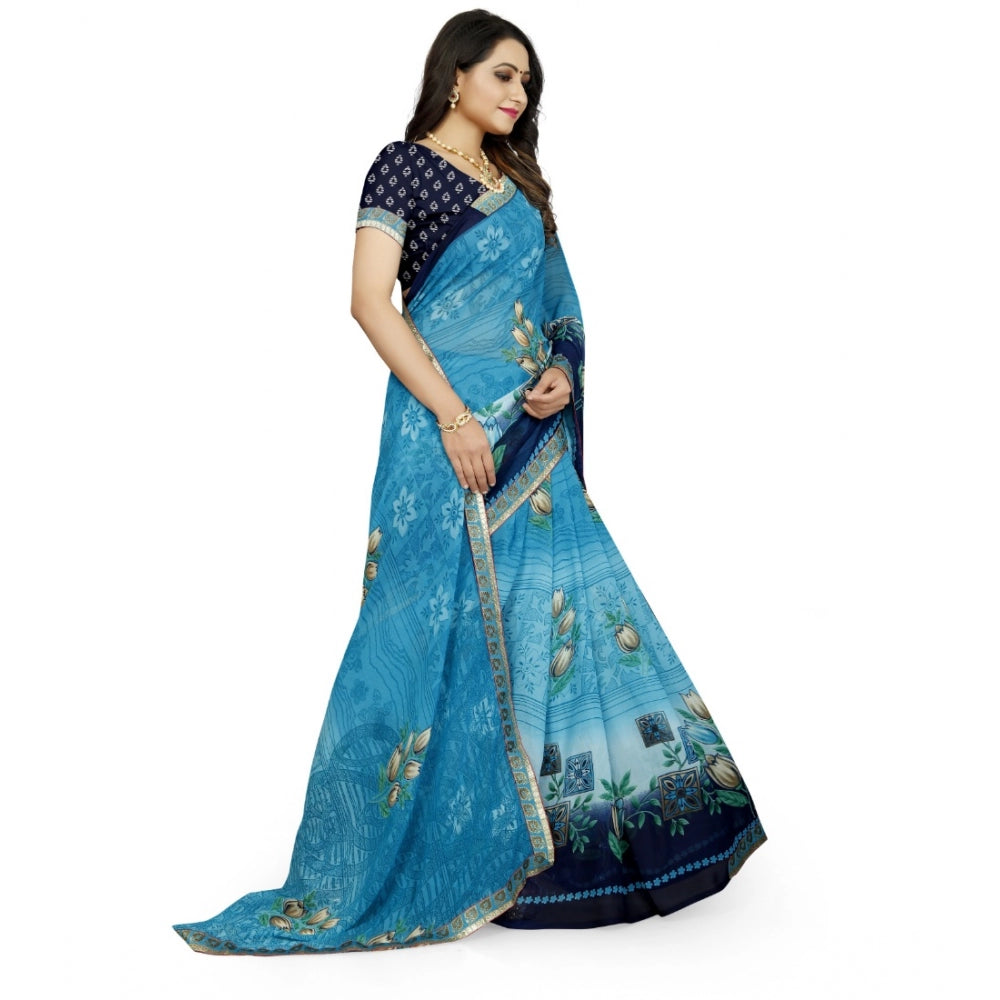 Women's Georgette Floral Print Saree With Unstitched Blouse 5.5Mtr (Light Blue)