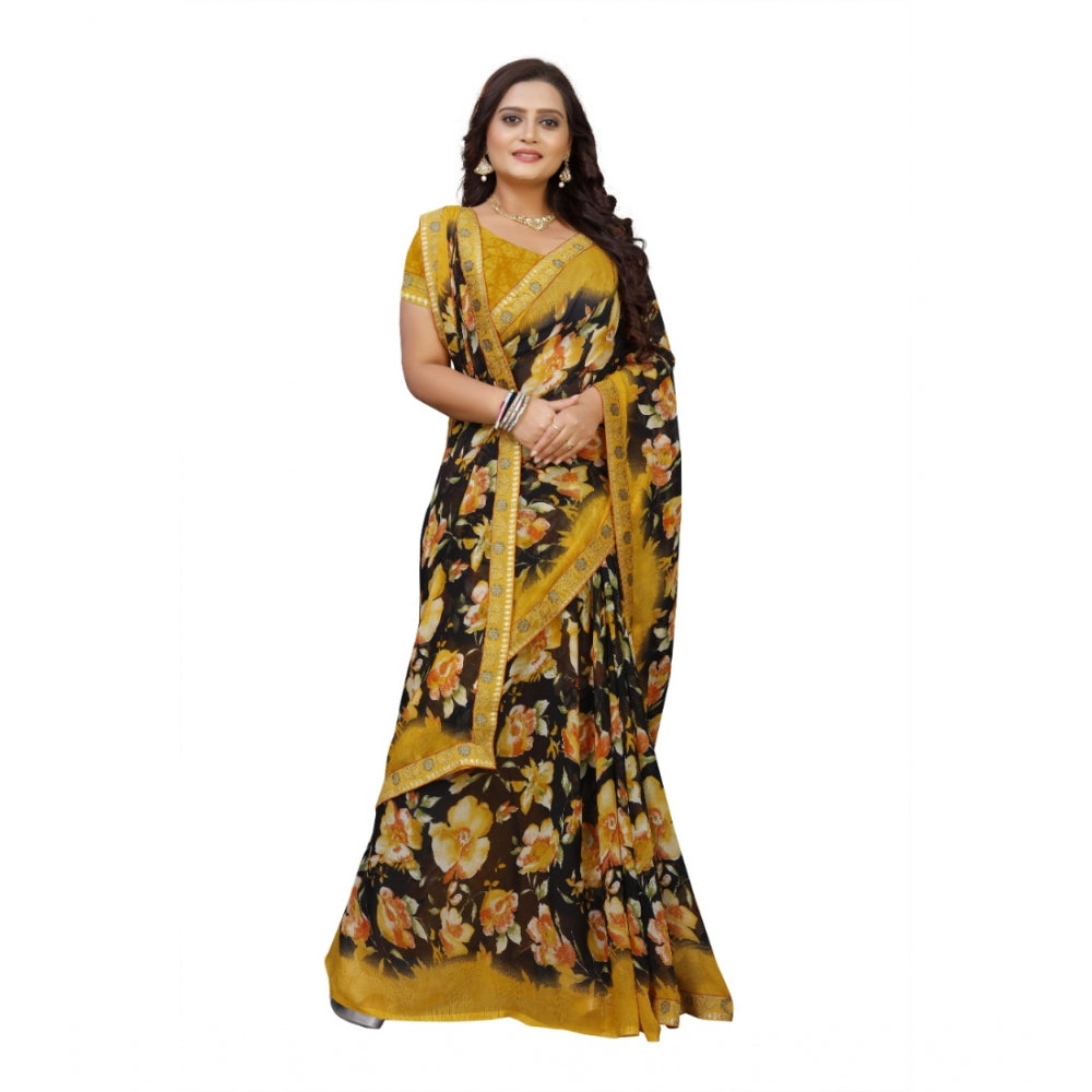 Women's Georgette Floral Print Saree With Unstitched Blouse 5.5Mtr (Black-Mustard)