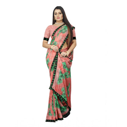 Women's Georgette Floral Print Saree With Unstitched Blouse 5.5Mtr (Pink)