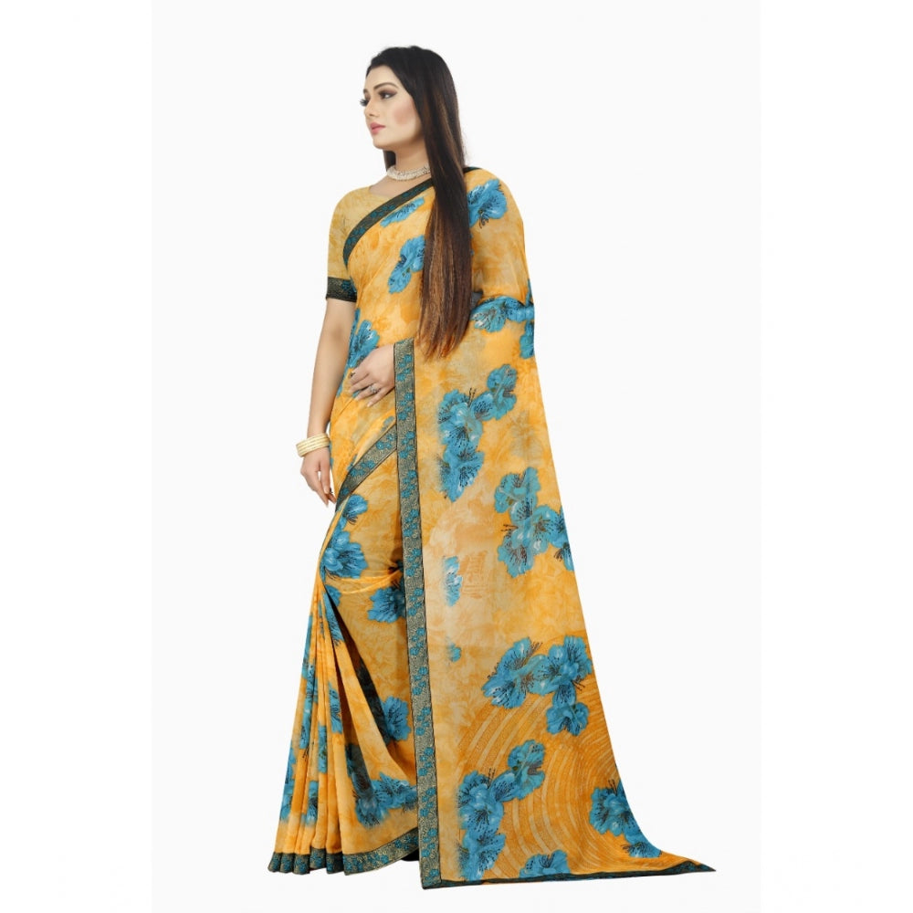 Women's Georgette Floral Print Saree With Unstitched Blouse 5.5Mtr (Blue-Orange)