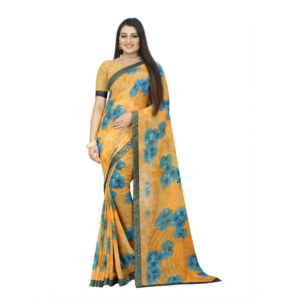 Women's Georgette Floral Print Saree With Unstitched Blouse 5.5Mtr (Blue-Orange)