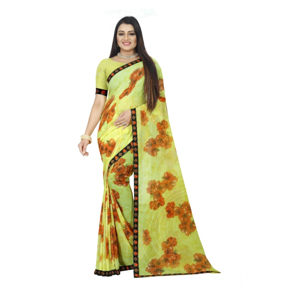 Women's Georgette Floral Print Saree With Unstitched Blouse 5.5Mtr (Brown-Mustard)