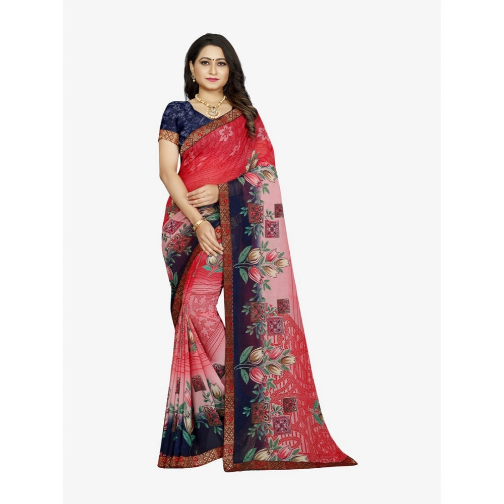 Women's Georgette Floral Print Saree With Unstitched Blouse 5.5Mtr (Blue-Pink)