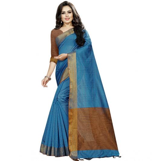 Women's Cotton Silk Self Design Saree With Unstitched Blouse 5.5Mtr (Light Blue)