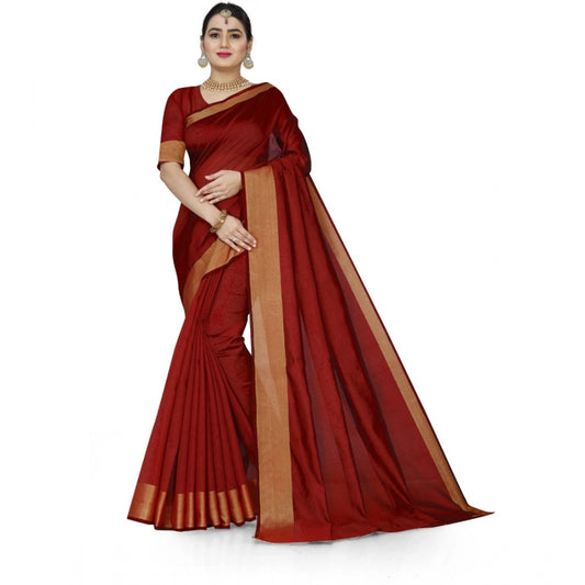 Women's Cotton Silk Self Design Saree With Unstitched Blouse 5.5Mtr (Red)