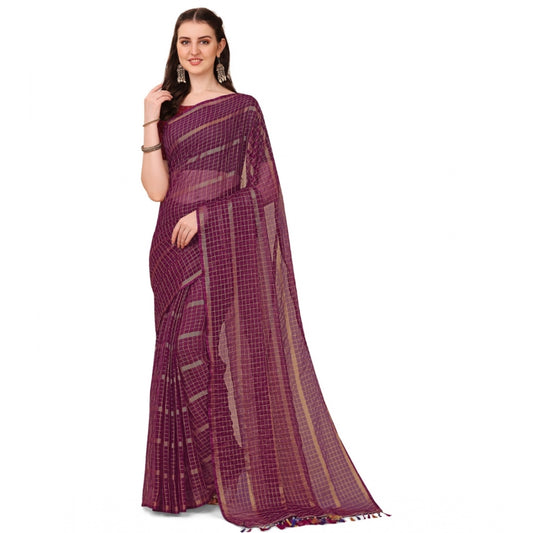 Generic Women's Silk Blend Checkered Saree With Unstitched Blouse 5.5Mtr (Maroon)