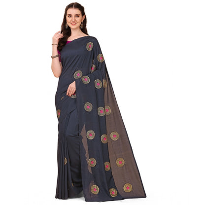 Generic Women's Silk Blend Embroidered Saree With Unstitched Blouse 5.5Mtr (Black)