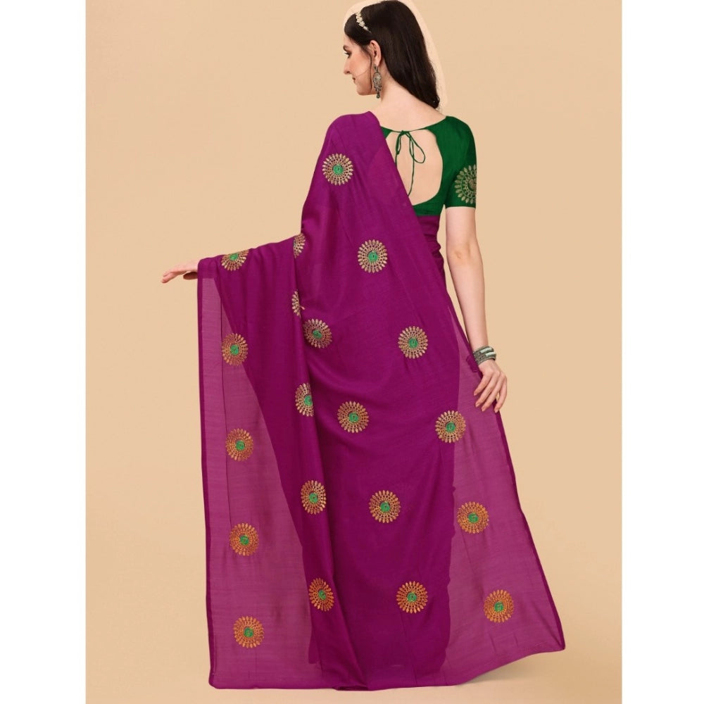 Generic Women's Silk Blend Embroidered Saree With Unstitched Blouse 5.5Mtr (Purple)