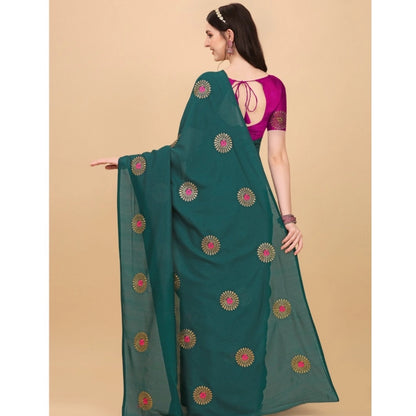 Generic Women's Silk Blend Embroidered Saree With Unstitched Blouse 5.5Mtr (Dark Green)