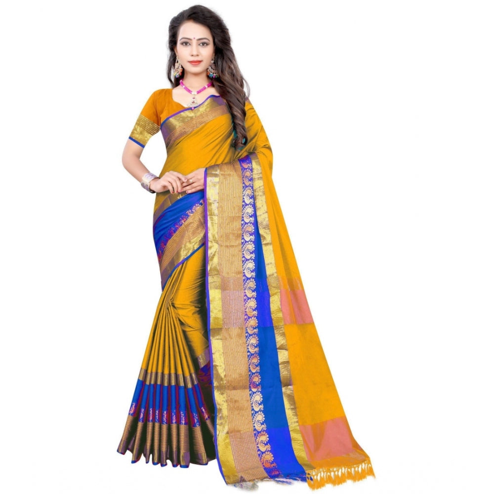 Women's Jacquard Woven Saree With Unstitched Blouse 5.5Mtr (Yellow)