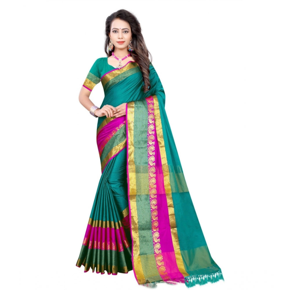 Women's Jacquard Woven Saree With Unstitched Blouse 5.5Mtr (Dark Green)