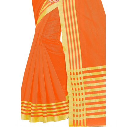 Women's Jacquard Striped Saree With Unstitched Blouse 5.5Mtr (Orange)