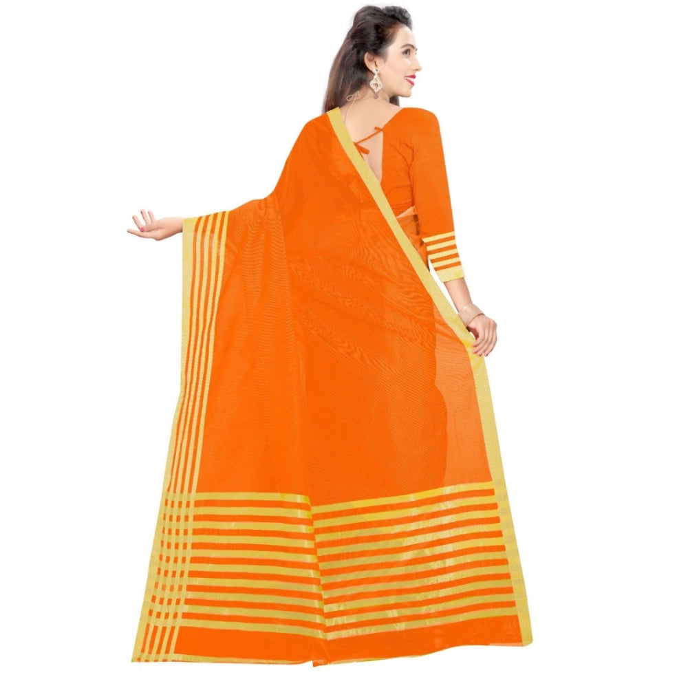 Women's Jacquard Striped Saree With Unstitched Blouse 5.5Mtr (Orange)