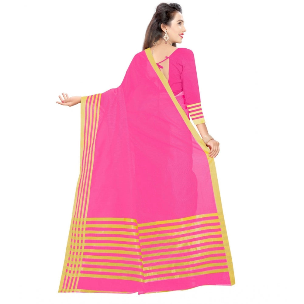 Women's Jacquard Striped Saree With Unstitched Blouse 5.5Mtr (Pink)