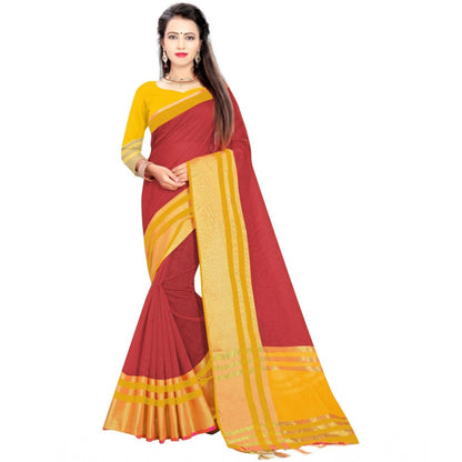 Women's Jacquard Striped Saree With Unstitched Blouse 5.5Mtr (Red)