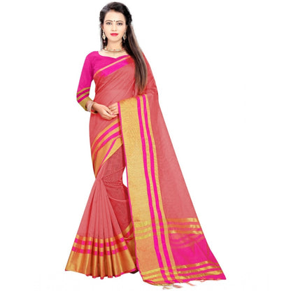 Women's Jacquard Striped Saree With Unstitched Blouse 5.5Mtr (Pink)