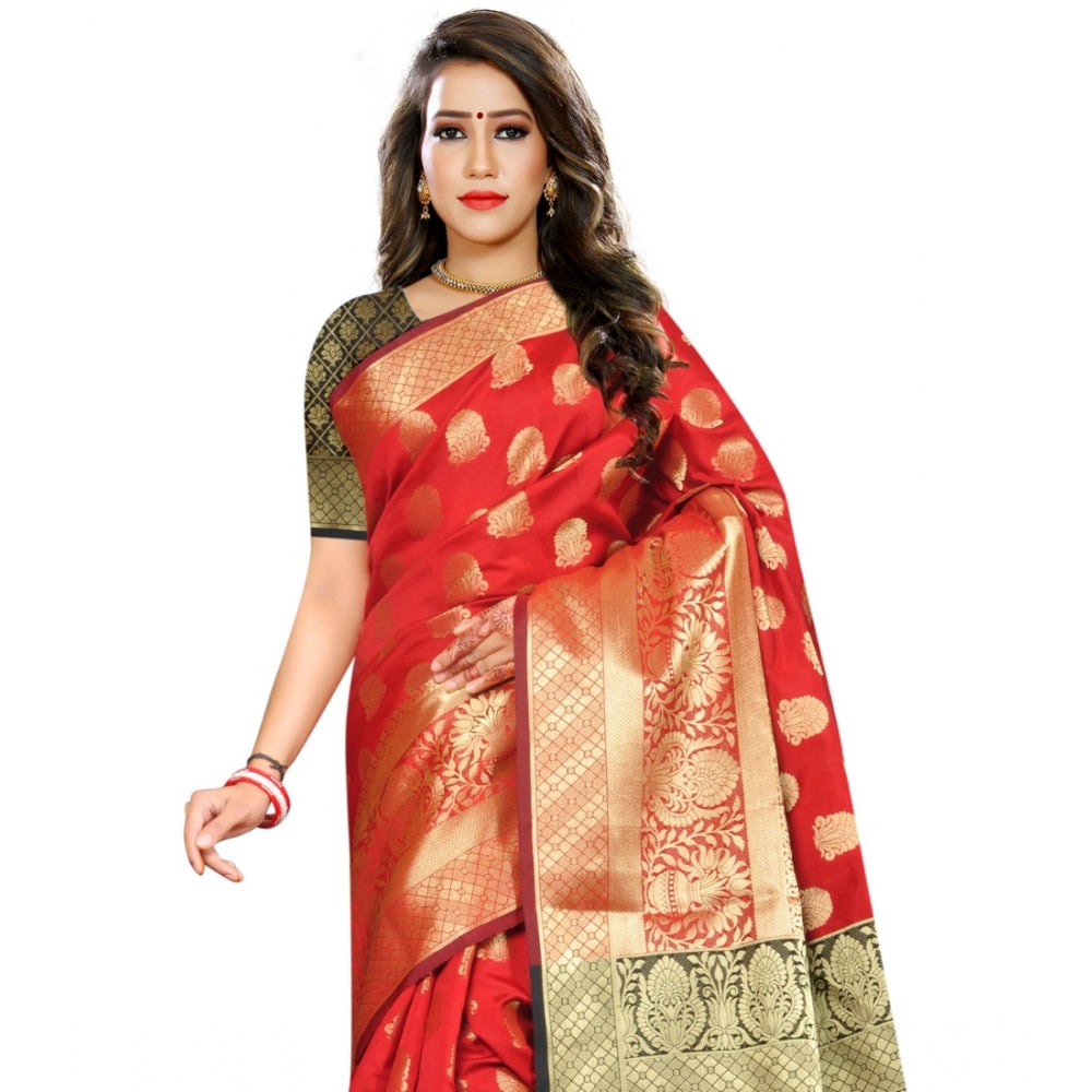 Women's Jacquard Woven Saree With Unstitched Blouse 5.5Mtr (Red)