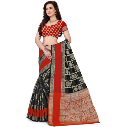 Women's Jacquard Woven Saree With Unstitched Blouse 5.5Mtr (Red-Black)