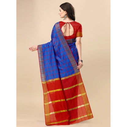 Women's Cotton Silk Checkered Saree With Unstitched Blouse 5.5Mtr (Blue)