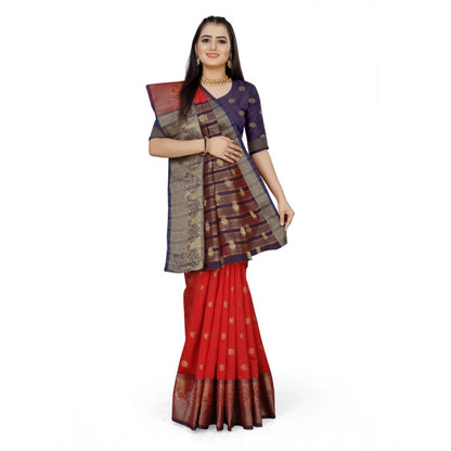 Women's Jacquard Woven Saree With Unstitched Blouse 5.5Mtr (Red)