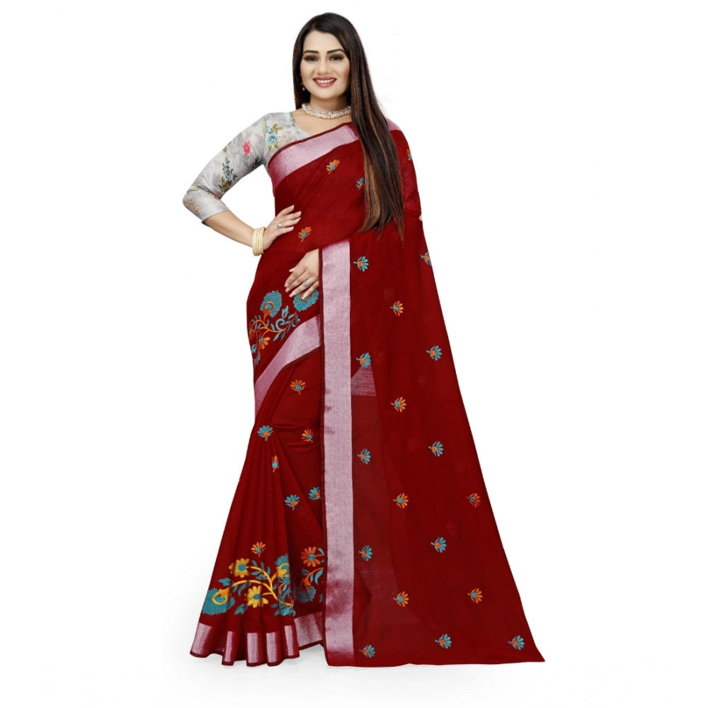 Women's Cotton Silk Embroidered Saree With Unstitched Blouse 5.5Mtr (Maroon)