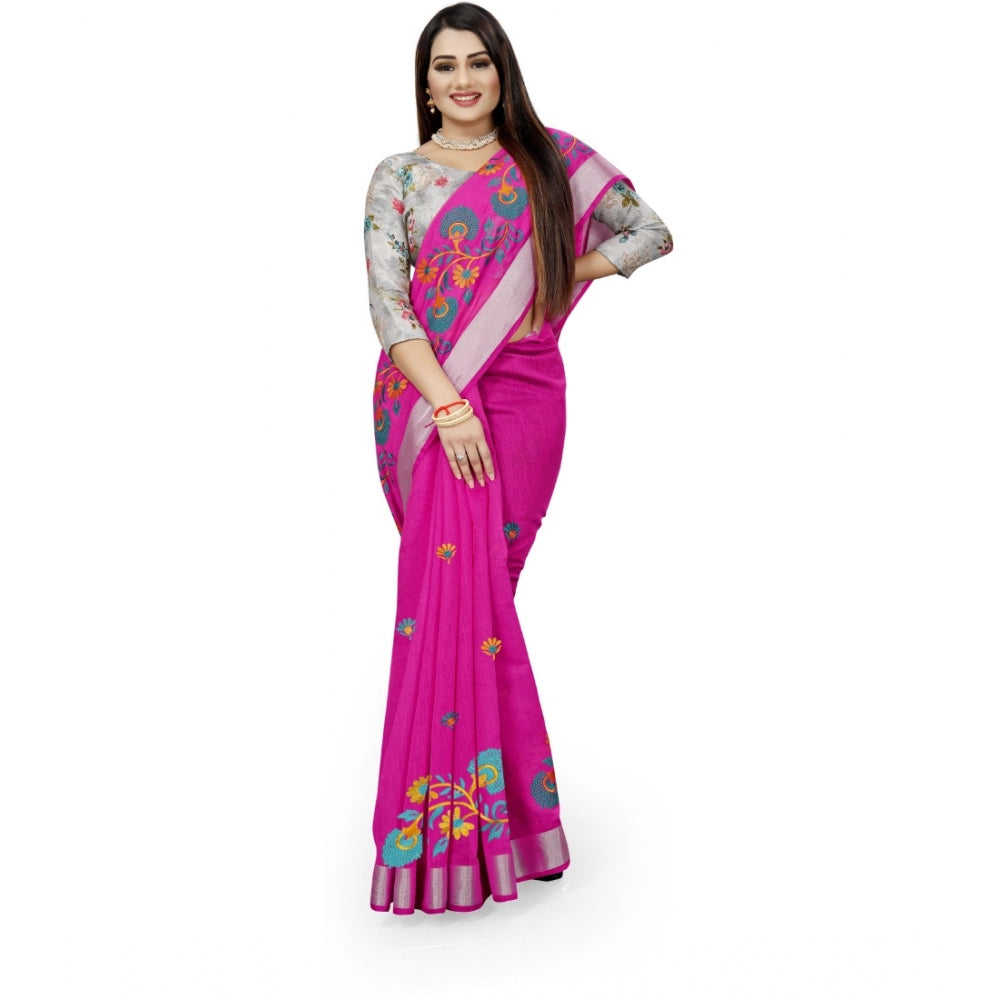 Women's Cotton Silk Embroidered Saree With Unstitched Blouse 5.5Mtr (Pink)