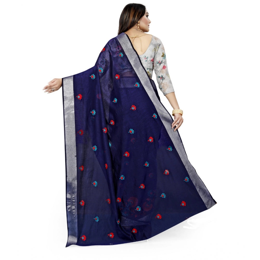 Women's Cotton Silk Embroidered Saree With Unstitched Blouse 5.5Mtr (Dark Blue)