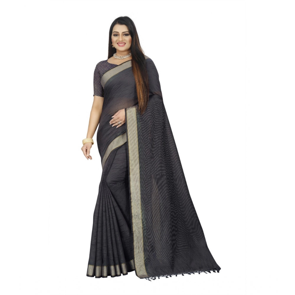 Women's Cotton Blend Solid/Plain Saree With Unstitched Blouse 5.5Mtr (Grey)