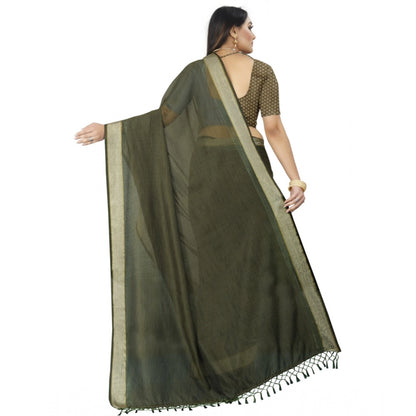 Women's Cotton Blend Solid/Plain Saree With Unstitched Blouse 5.5Mtr (Green)