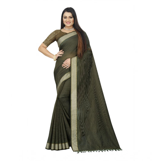 Women's Cotton Blend Solid/Plain Saree With Unstitched Blouse 5.5Mtr (Green)