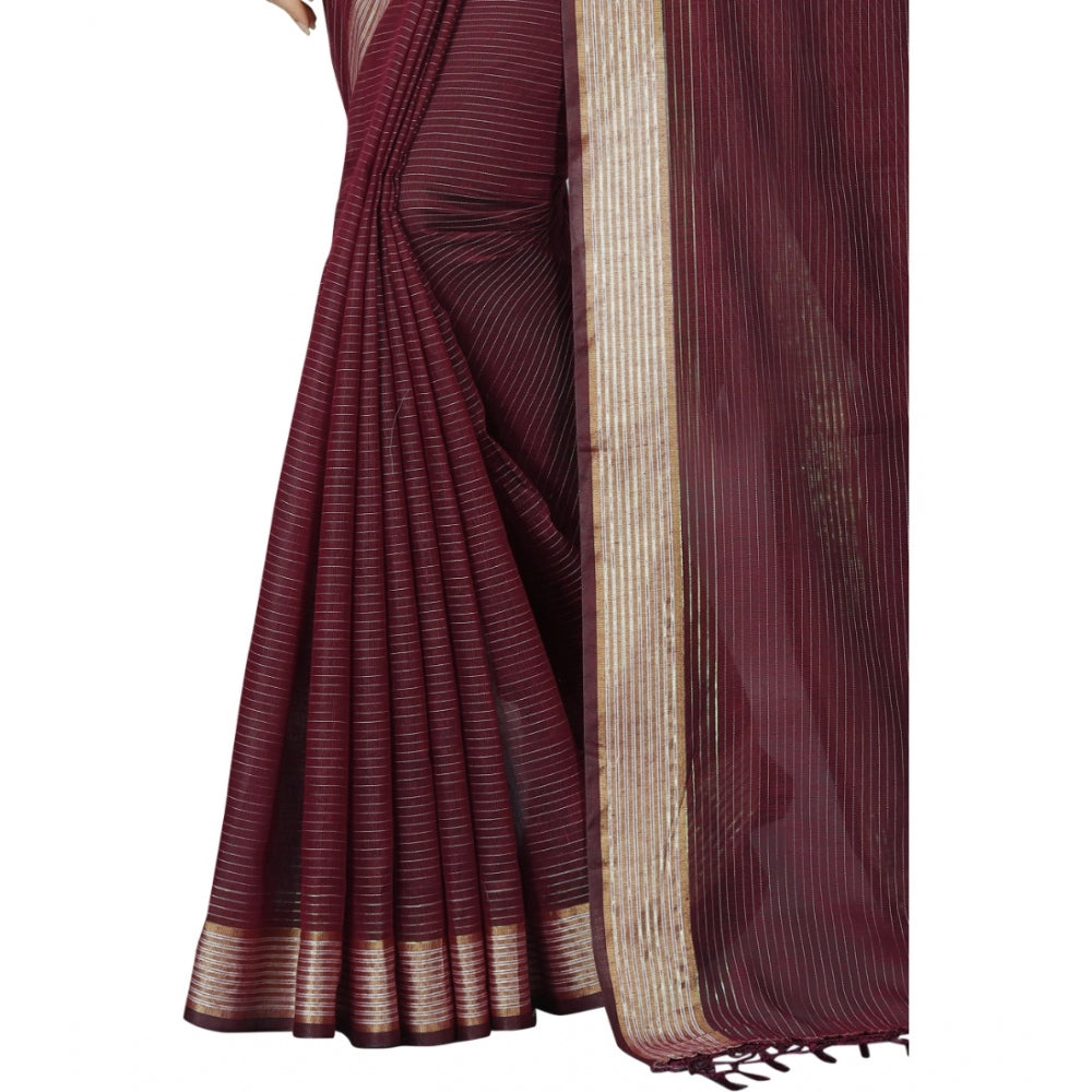 Women's Cotton Blend Solid/Plain Saree With Unstitched Blouse 5.5Mtr (Brown)