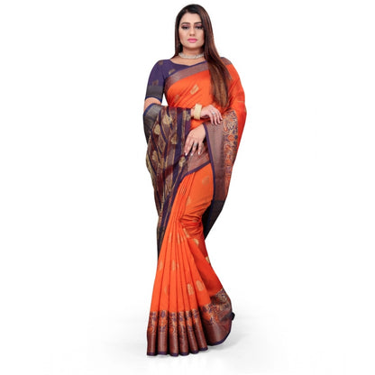 Women's Silk Blend Woven Saree With Unstitched Blouse 5.5Mtr (Orange)