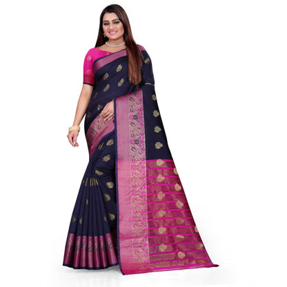 Women's Silk Blend Woven Saree With Unstitched Blouse 5.5Mtr (Dark Blue)