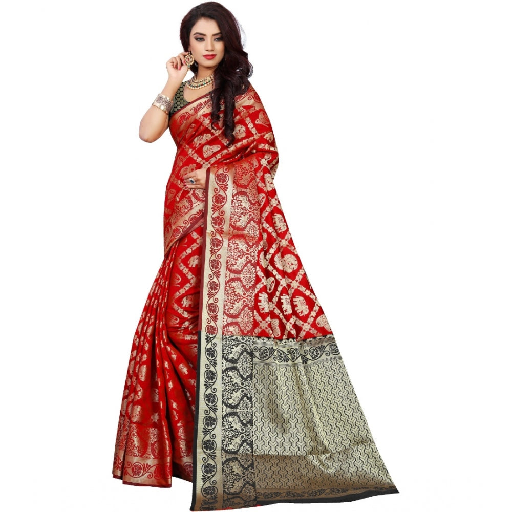 Women's Jacquard Woven Saree With Unstitched Blouse 5.5Mtr (Red)