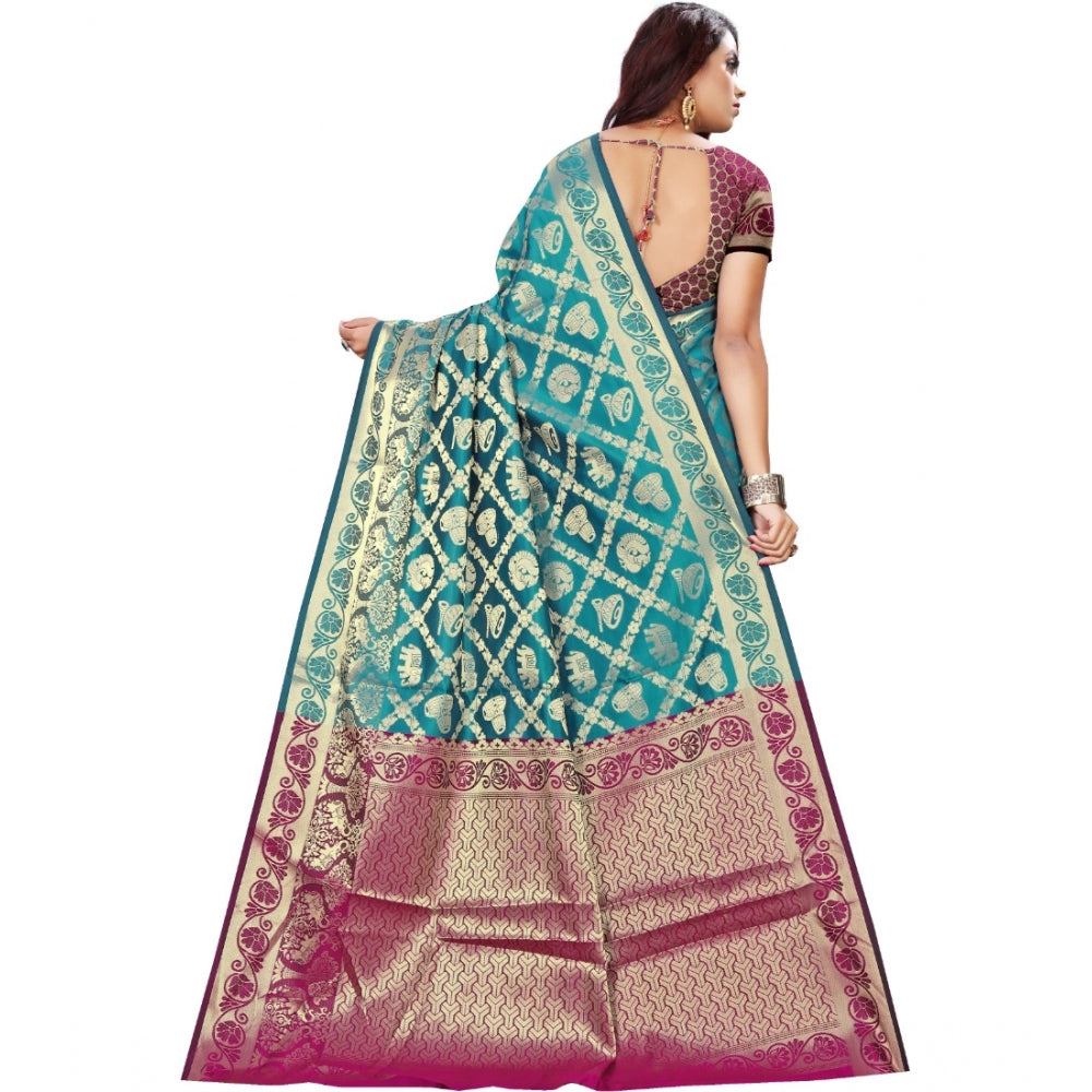 Women's Jacquard Woven Saree With Unstitched Blouse 5.5Mtr (Light Blue)