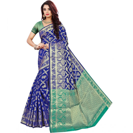 Women's Jacquard Woven Saree With Unstitched Blouse 5.5Mtr (Blue)