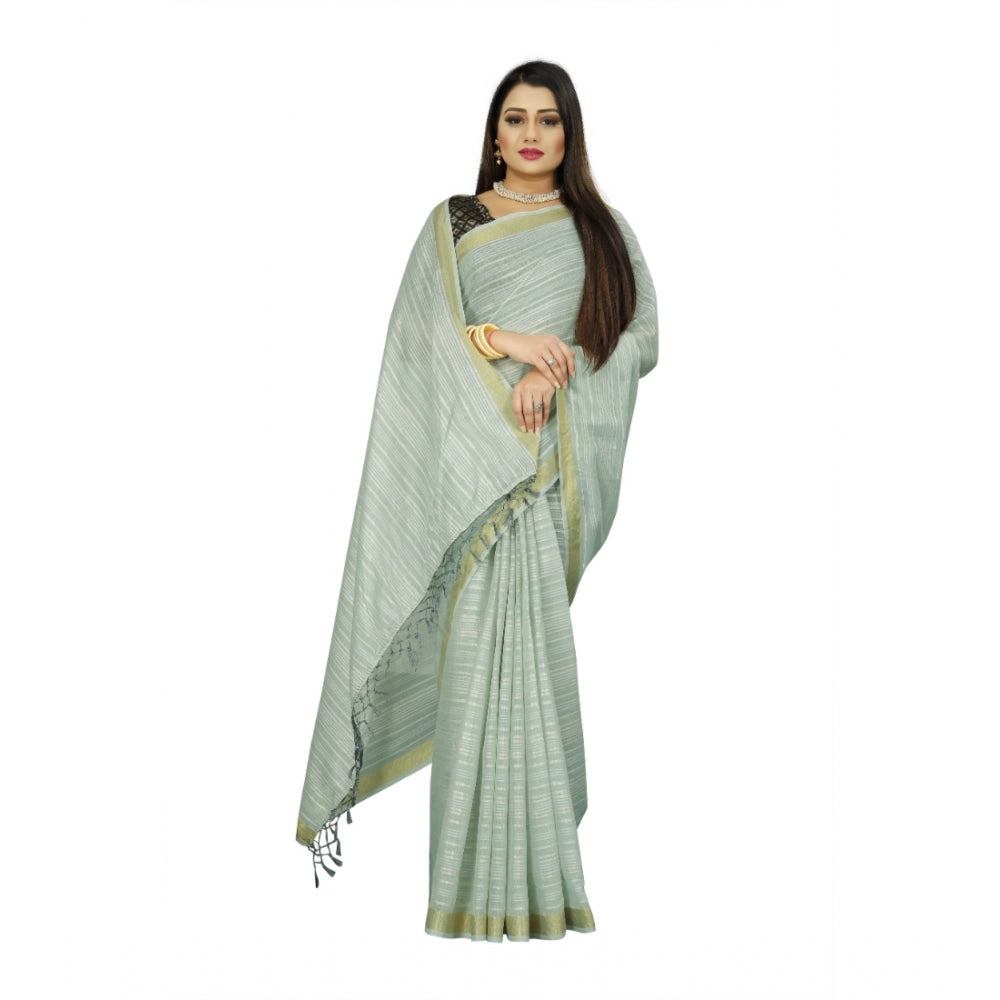 Women's Cotton Blend Solid/Plain Saree With Unstitched Blouse 5.5Mtr (Light Green)