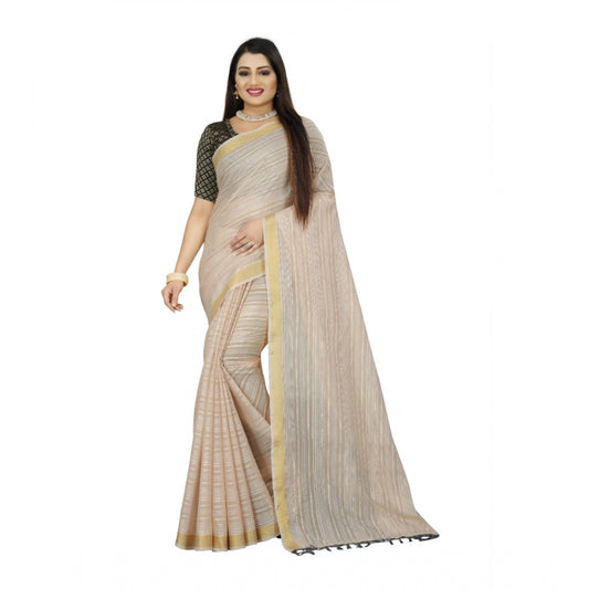 Women's Cotton Blend Solid/Plain Saree With Unstitched Blouse 5.5Mtr (Beige)